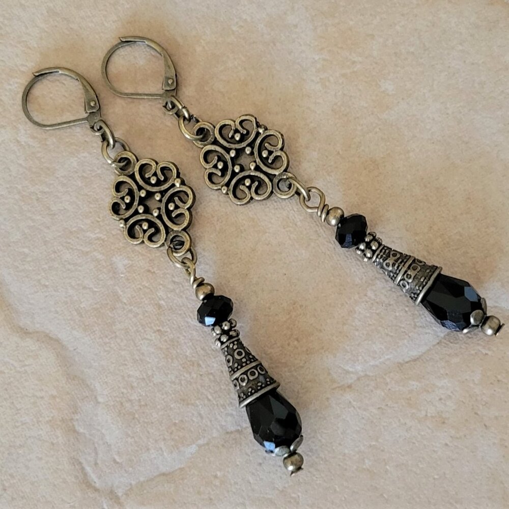 Black Crystal Teardrop Earrings, Etched Bronze Tone Cone Lever Back Ear wires